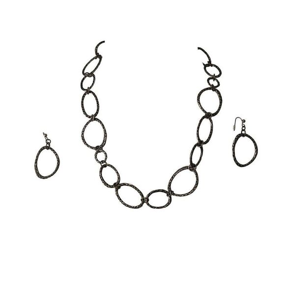 Vintage Finished Textured Oval Linked Necklace And Earrings Set OS - Picture 2 of 5